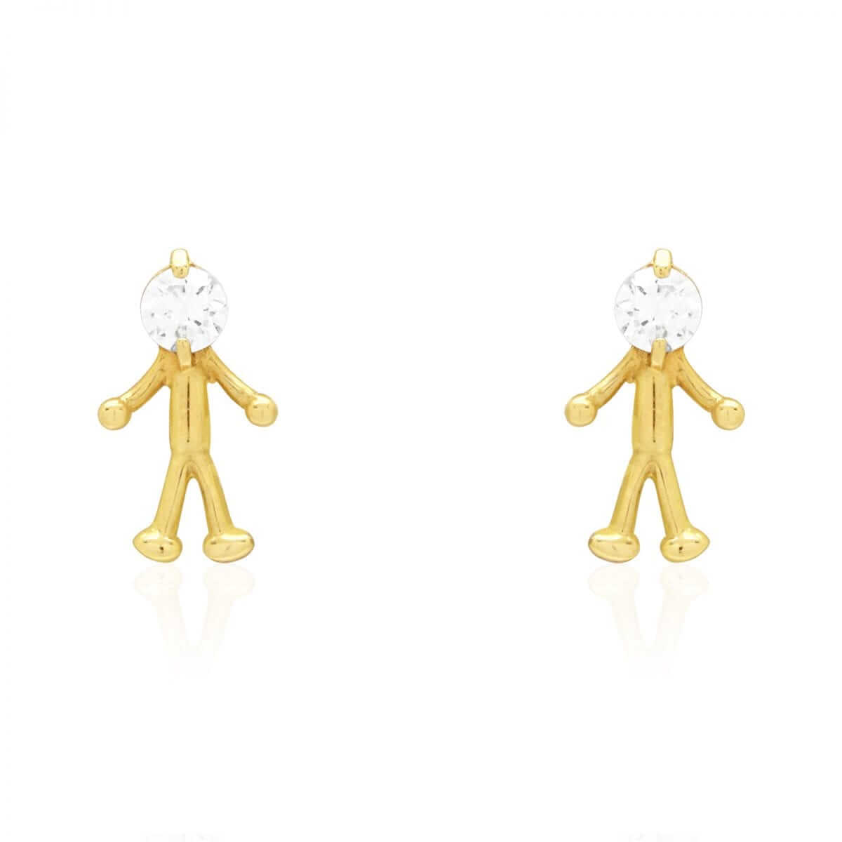 14k Yellow & White Gold Round Zircon Stick Figure Stud Screw Back Kid Earrings