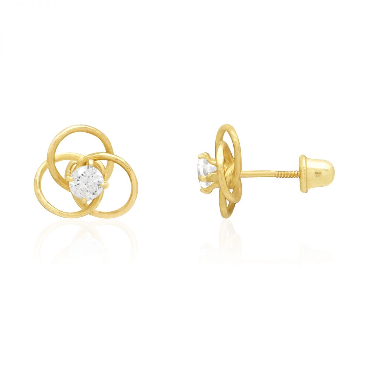 14k Gold Yellow White Triple Ring CZ Screwback Stud Earrings