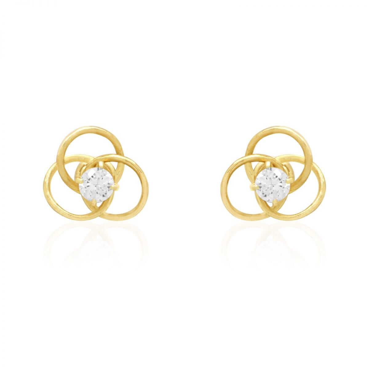 14K Yellow Gold White Triple Ring CZ Screwback Stud Earrings