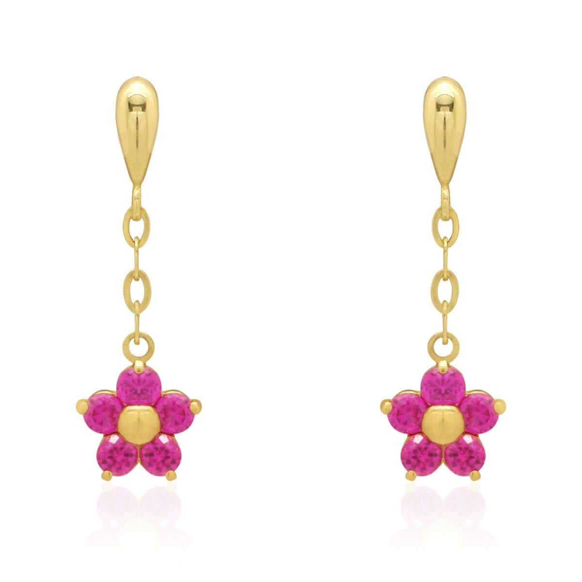 Real 14K Yellow Gold White Birthstone Flower Screwback Earrings