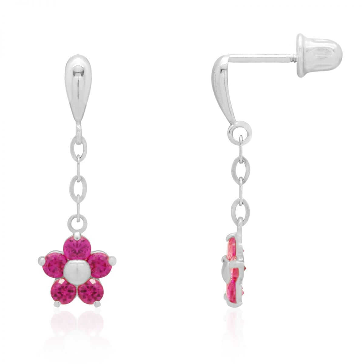 Real 14K Yellow Gold White Birthstone Flower Screwback Earrings