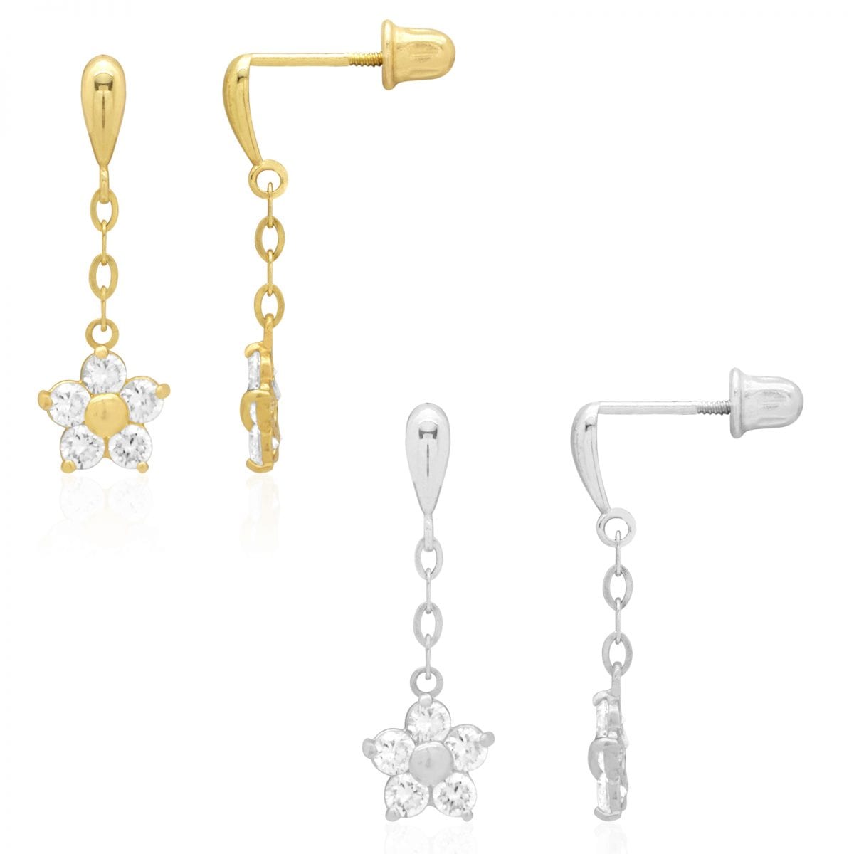 Real 14k Gold Yellow White Simulated Birthstone Flower Screwback Earrings