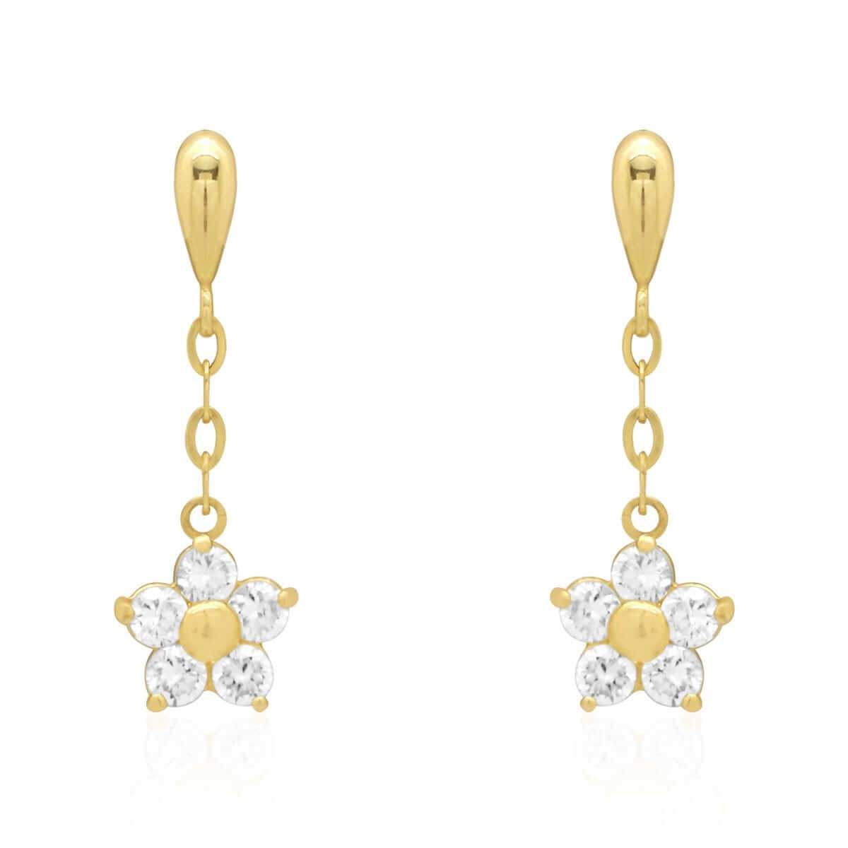 Real 14K Yellow Gold White Birthstone Flower Screwback Earrings