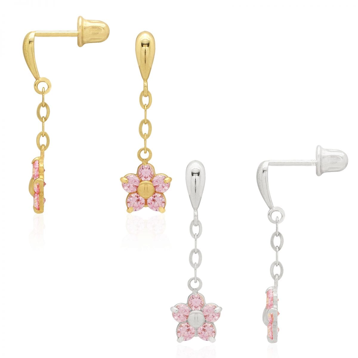 Real 14k Gold Yellow White Simulated Birthstone Flower Screwback Earrings