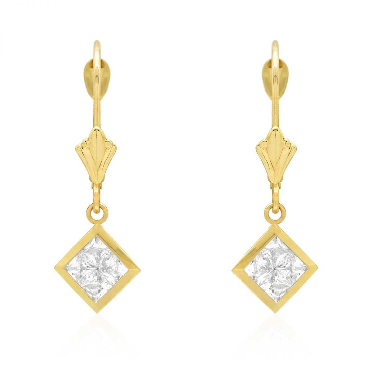 14k Yellow White Gold Square Bezel CZ Leverback Earrings