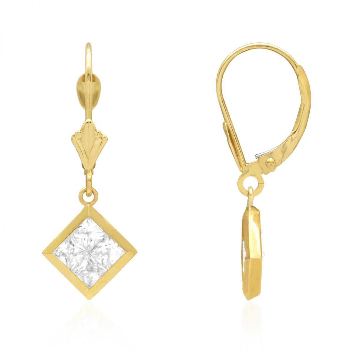 14k Yellow White Gold Square Bezel CZ Leverback Earrings
