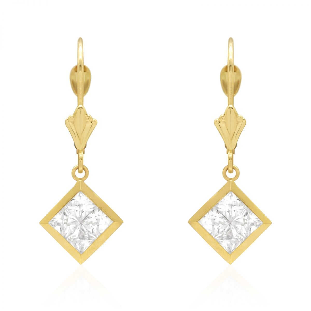14k Yellow White Gold Square Bezel CZ Leverback Earrings