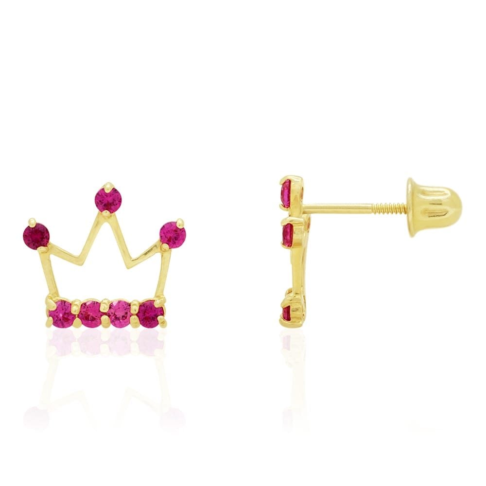 Kids 14K Real Gold Ruby Pink Tourmaline Zircon Crown Stud Screwback Earrings