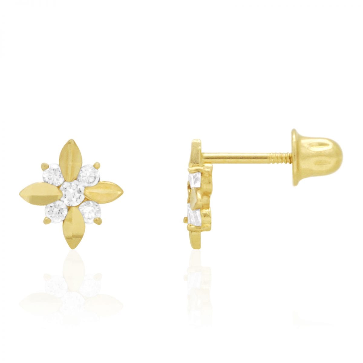 Diamond Cut Round Zircon Flower Screwback Stud Earrings 14k Yellow & White Gold