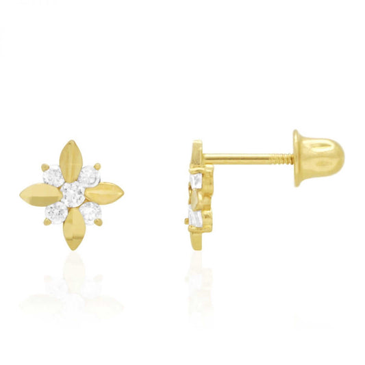 Diamond-Cut Round Zircon Flower Screwback Stud Earrings 14k Yellow & White Gold