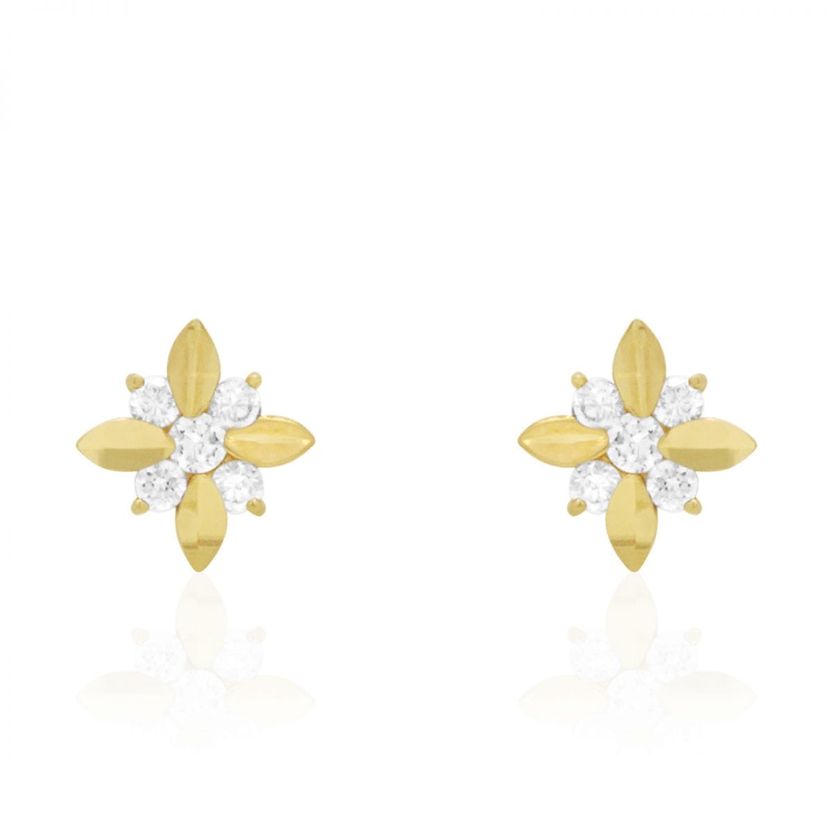 Diamond Cut Round Zircon Flower Screwback Stud Earrings 14k Yellow & White Gold