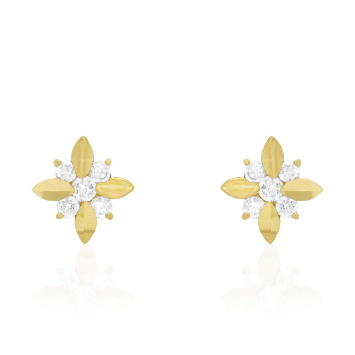 Diamond-Cut Round Zircon Flower Screwback Stud Earrings 14k Yellow & White Gold