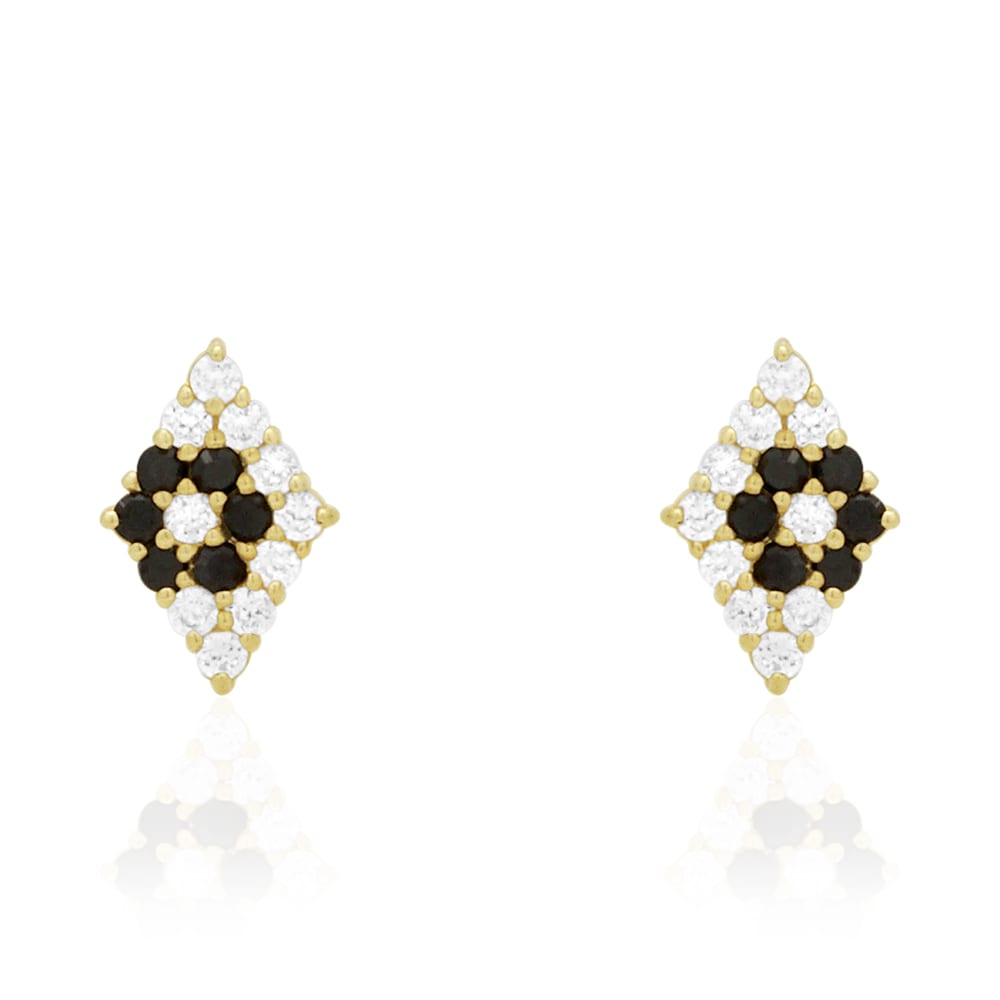 Rhomb Shaped Onyx White Zircon Encrusted Screwback Stud Earrings 14k Yellow Gold