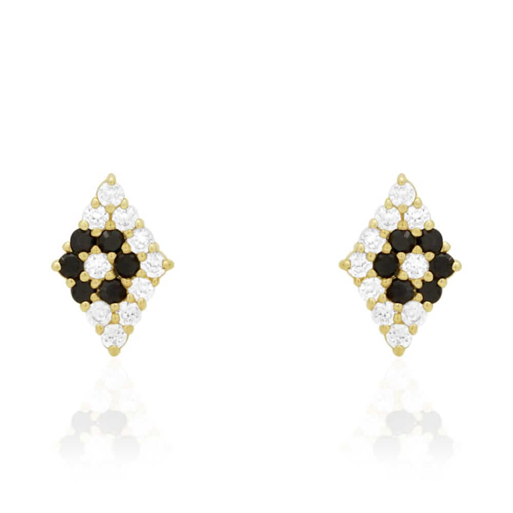 Rhomb Shaped Onyx White Zircon Encrusted Screwback Stud Earrings 14k Yellow Gold