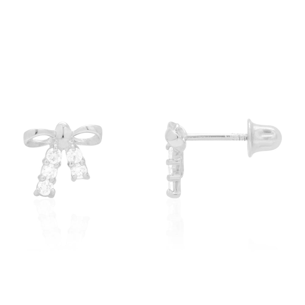 Round White Zircon Bow Tie Screwback Stud Kid Earrings 14k Yellow & White Gold