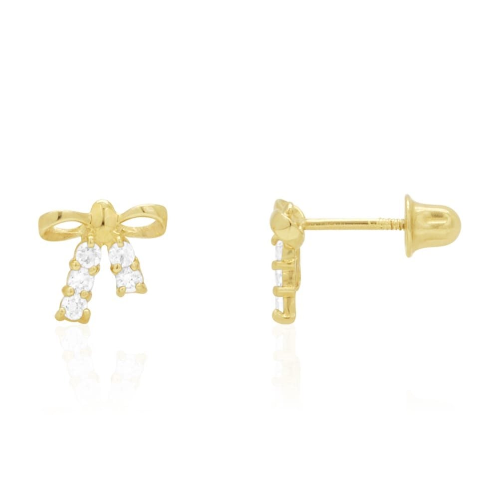 Round White Zircon Bow Tie Screwback Stud Kid Earrings 14k Yellow & White Gold