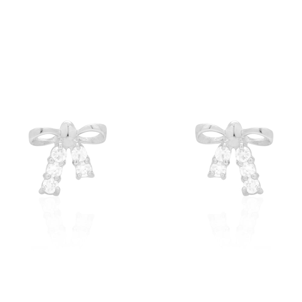 Round White Zircon Bow Tie Screwback Stud Kid Earrings 14k Yellow & White Gold