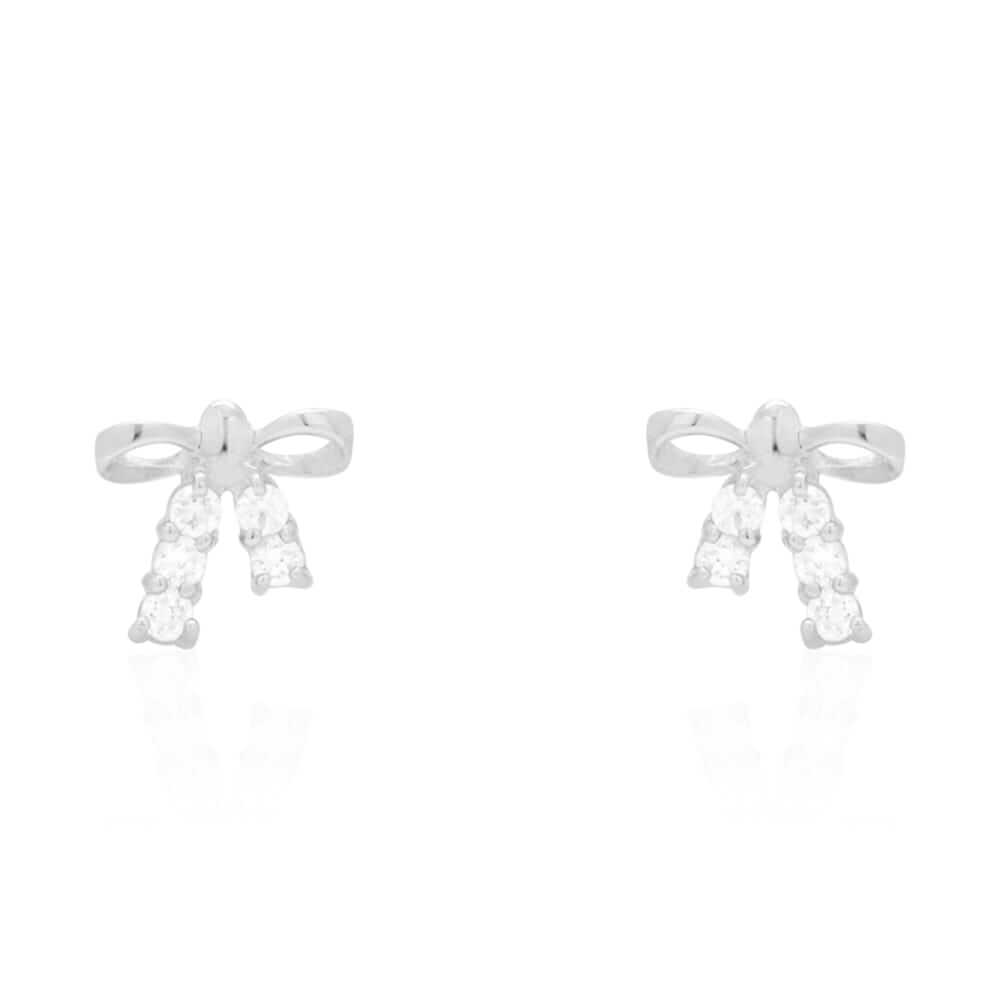 Round White Zircon Bow Tie Screwback Stud Kid Earrings 14k Yellow & White Gold
