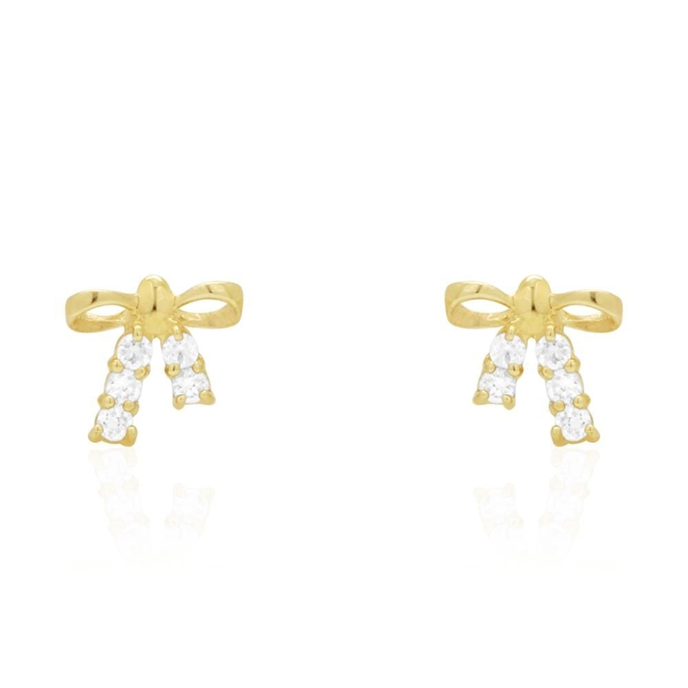 Round White Zircon Bow Tie Screwback Stud Kid Earrings 14k Yellow & White Gold