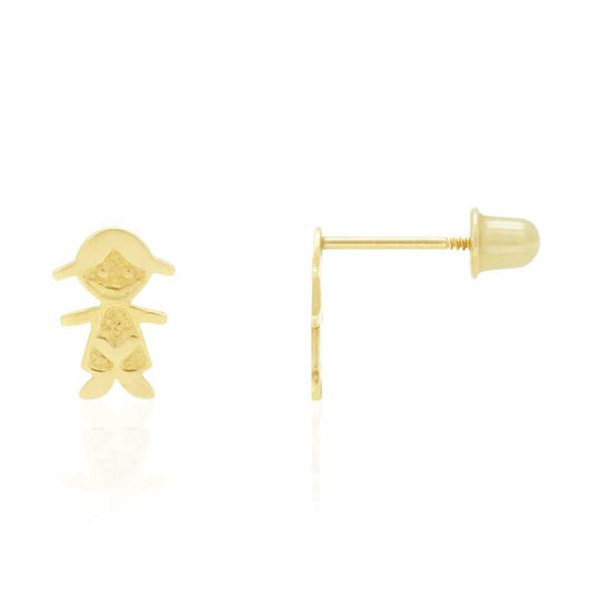 14k Yellow Gold Little Smiling Girl Textured Baby Screwback Stud Kid Earrings