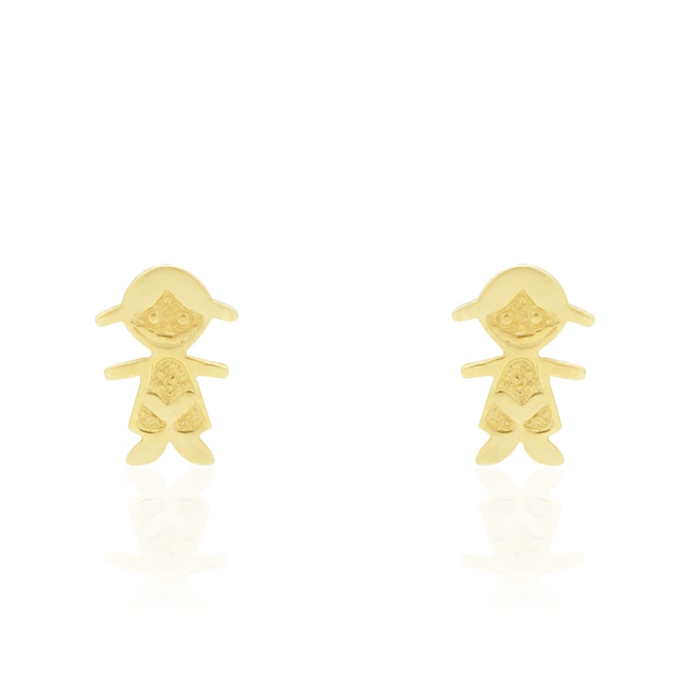 14k Yellow Gold Little Smiling Girl Textured Baby Screwback Stud Kid Earrings