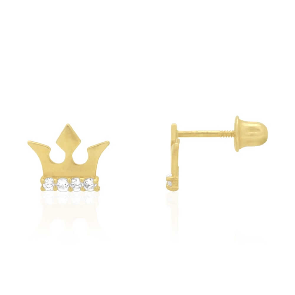 14K Gold Round-Cut CZ Crown Screwback Stud Earrings