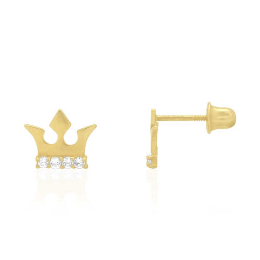 14K Gold Round-Cut CZ Crown Screwback Stud Earrings