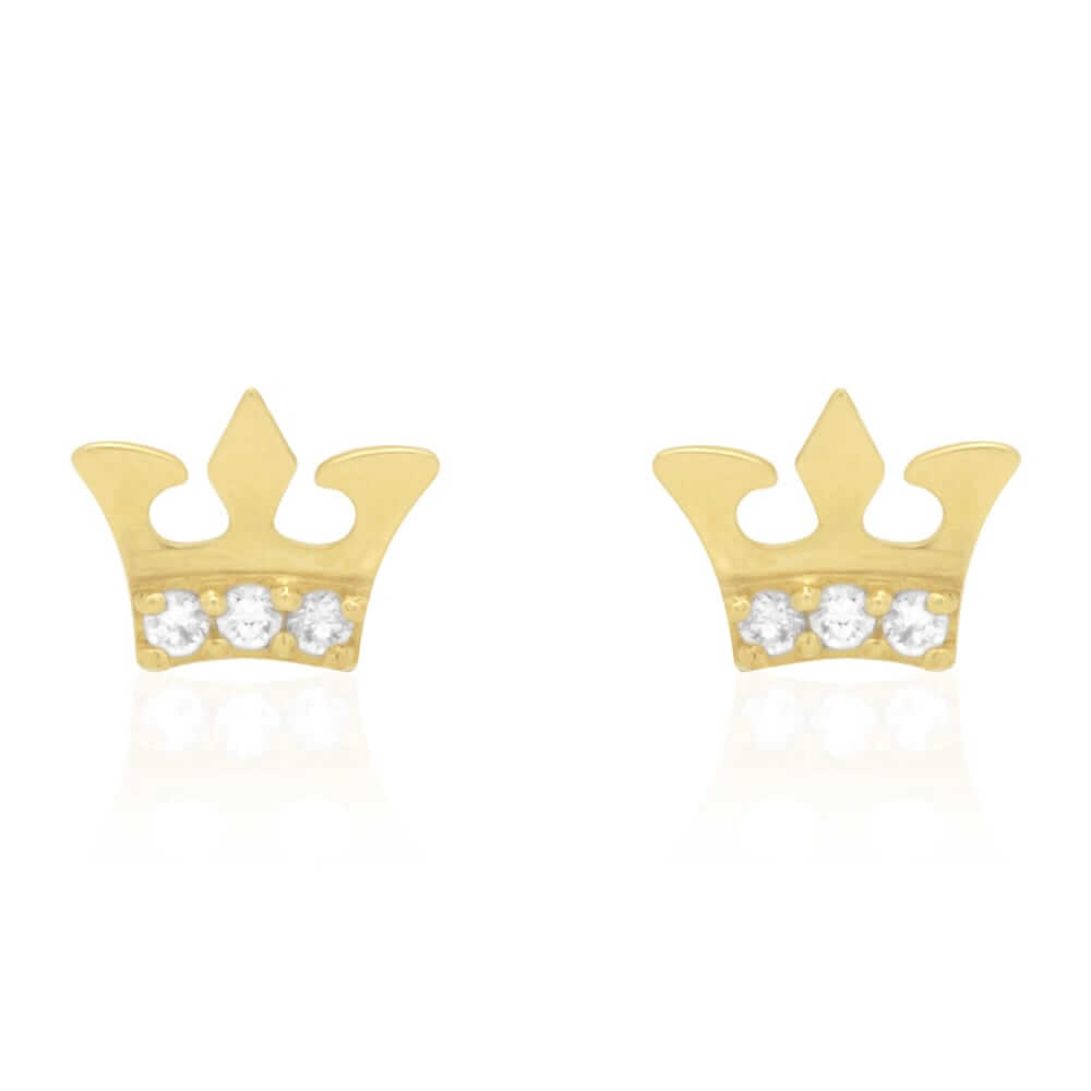 14K Gold Round-Cut CZ Crown Screwback Stud Earrings
