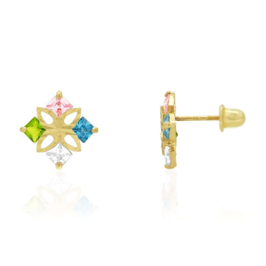 Princess-Cut Multicolor Gemstone Square Screwback Stud Earrings 14k Yellow Gold