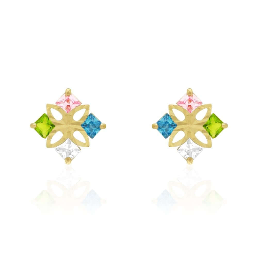 Princess-Cut Multicolor Gemstone Square Screwback Stud Earrings 14k Yellow Gold
