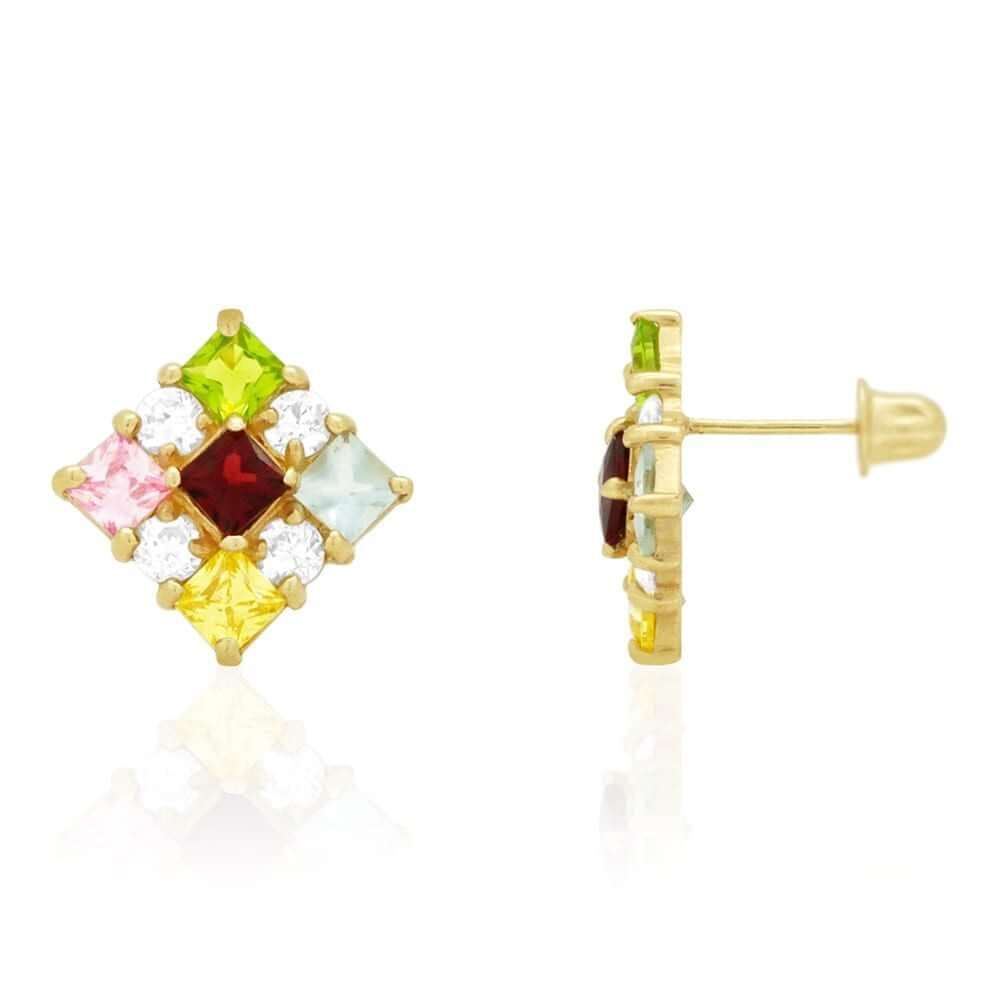 Multicolor Princess-Cut Gemstone Square Screwback Stud Earrings 14k Yellow Gold