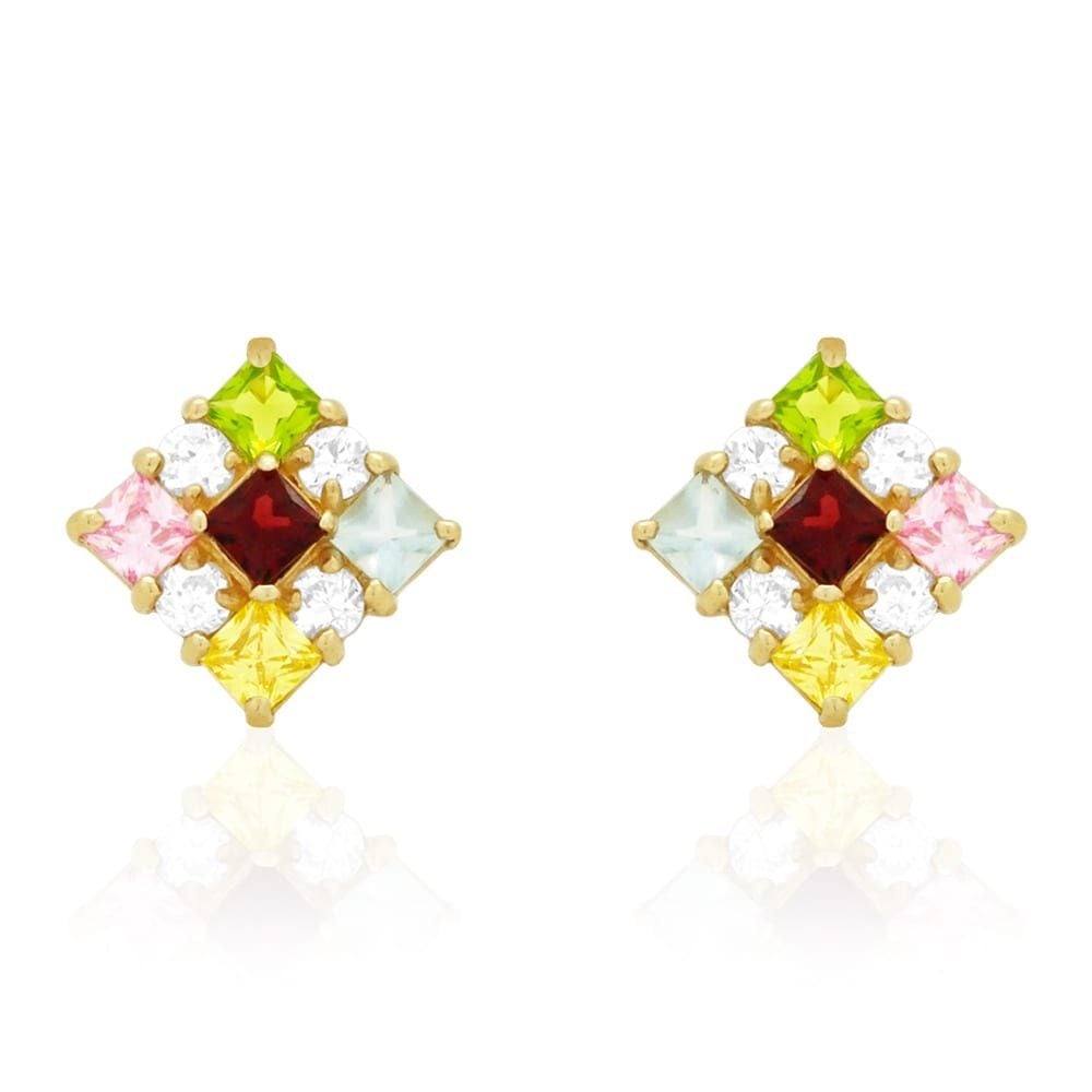 Multicolor Princess Cut Gemstone Square Screwback Stud Earrings 14k Yellow Gold