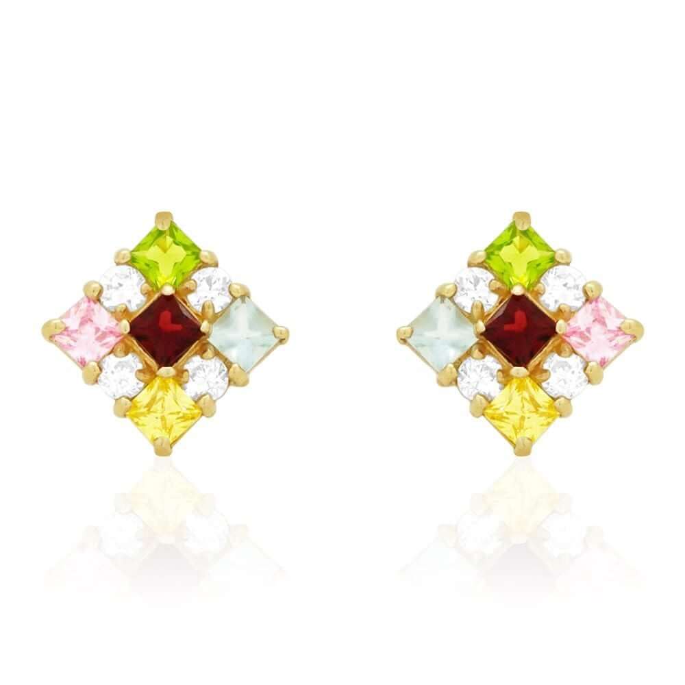 Multicolor Princess-Cut Gemstone Square Screwback Stud Earrings 14k Yellow Gold