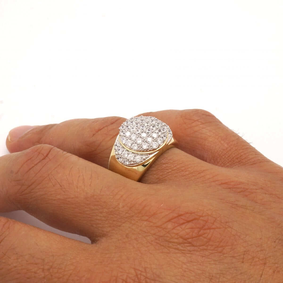 2.20Ct CZ Pave Set Round Signet Men's Ring 10k Yellow Gold