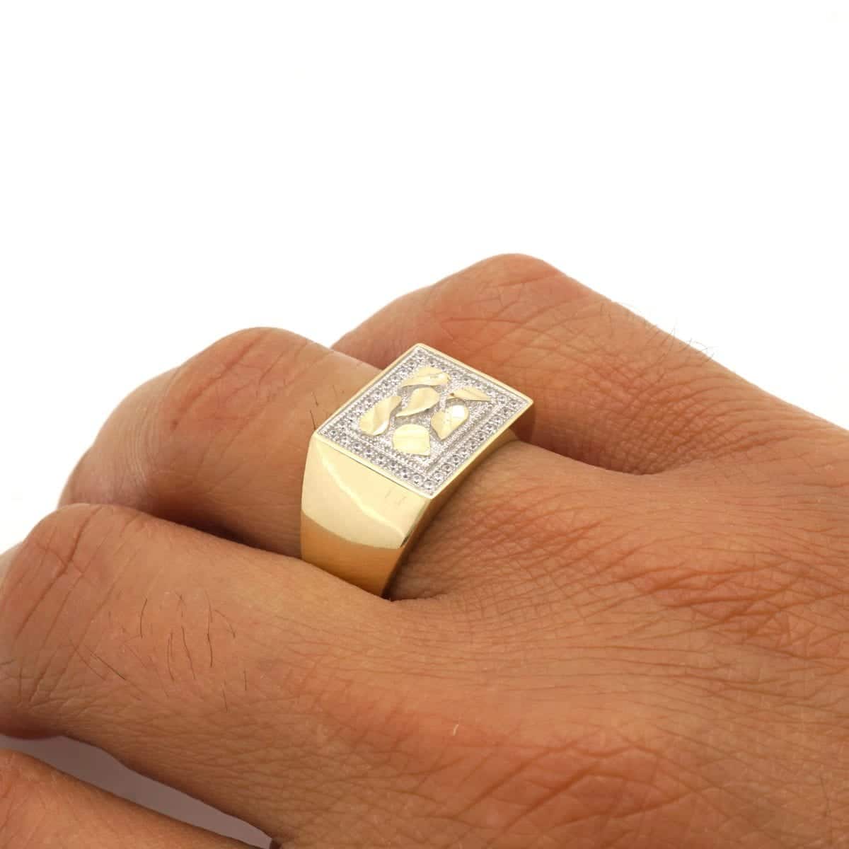14k Yellow Gold CZ-Cut Nugget Men's Signet Ring Sizes 8-12