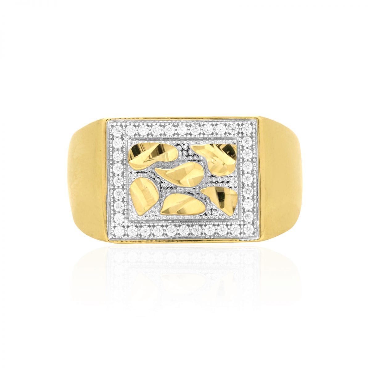 14k Yellow Gold CZ-Cut Nugget Men's Signet Ring Sizes 8-12