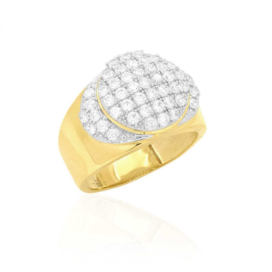 2.20Ct CZ Pave Set Round Signet Men's Ring 10k Yellow Gold