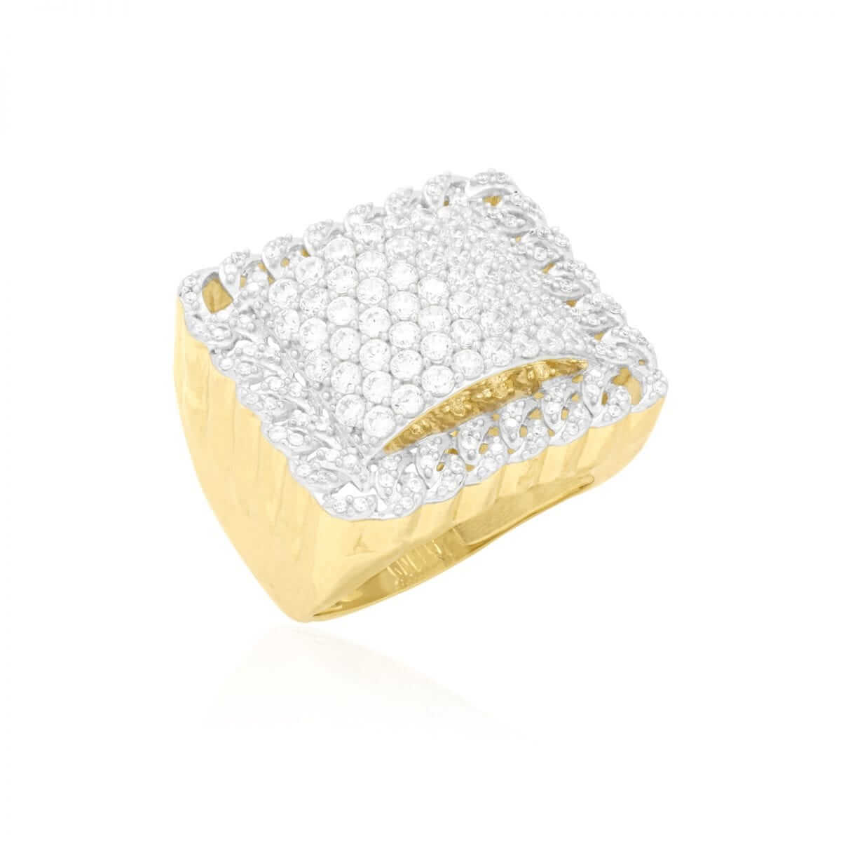 CZ Pave Set 10k Yellow Gold Cuban Halo Signet Men's Ring