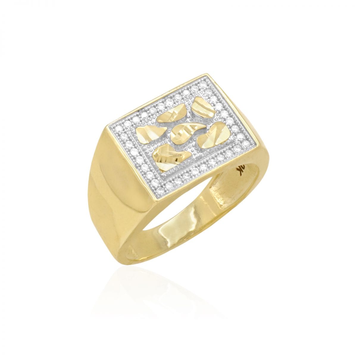 14k Yellow Gold CZ-Cut Nugget Men's Signet Ring Sizes 8-12