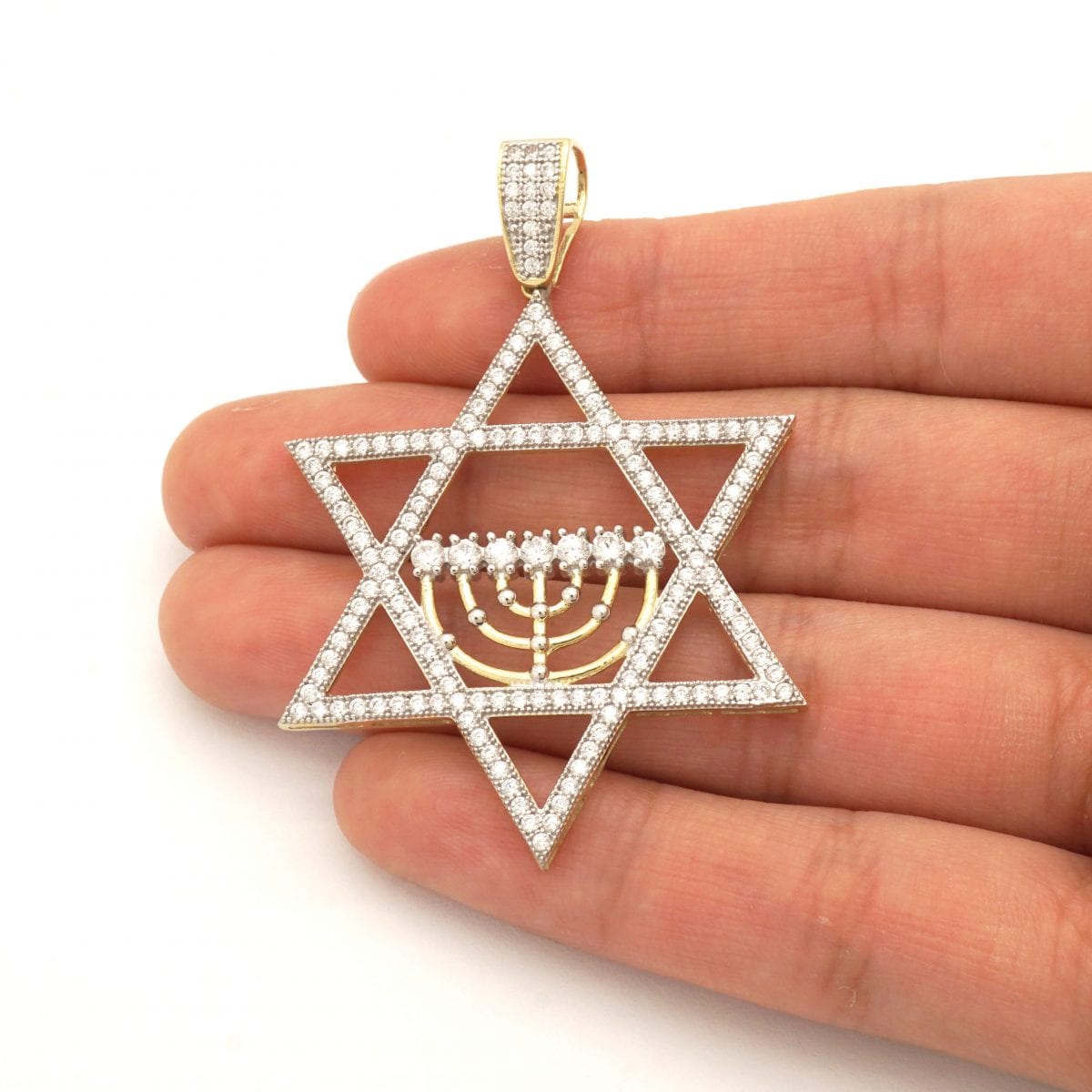 10k Yellow Gold 5Ct Created Diamond Star Of David Menorah Religious Pendant