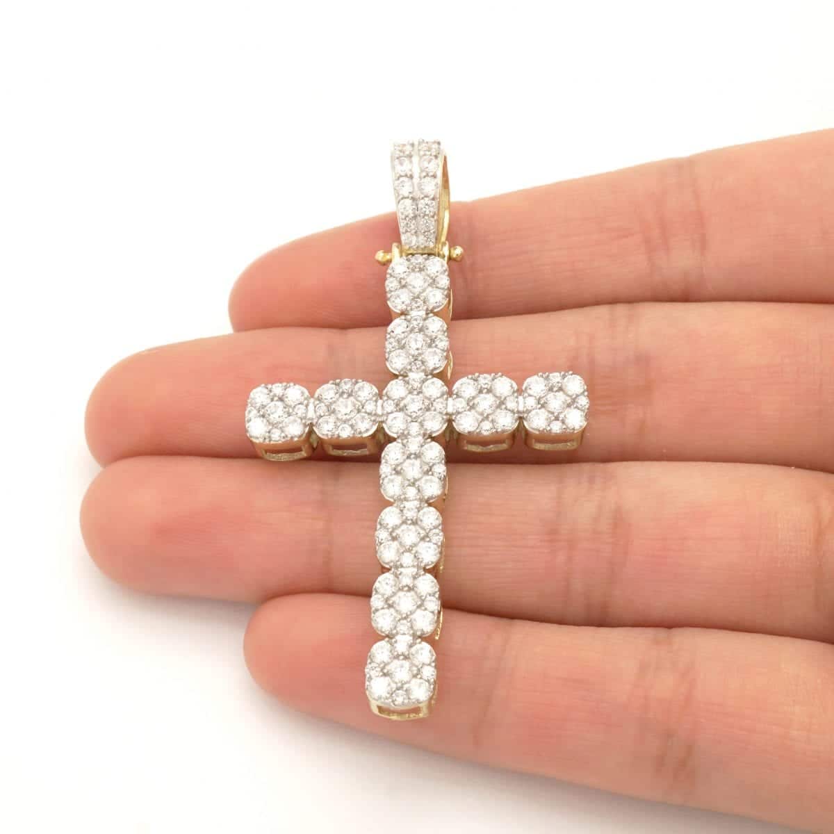 4.70Ct CZ Segmented Pave Cross Pendant 10k Yellow Gold 2.17"