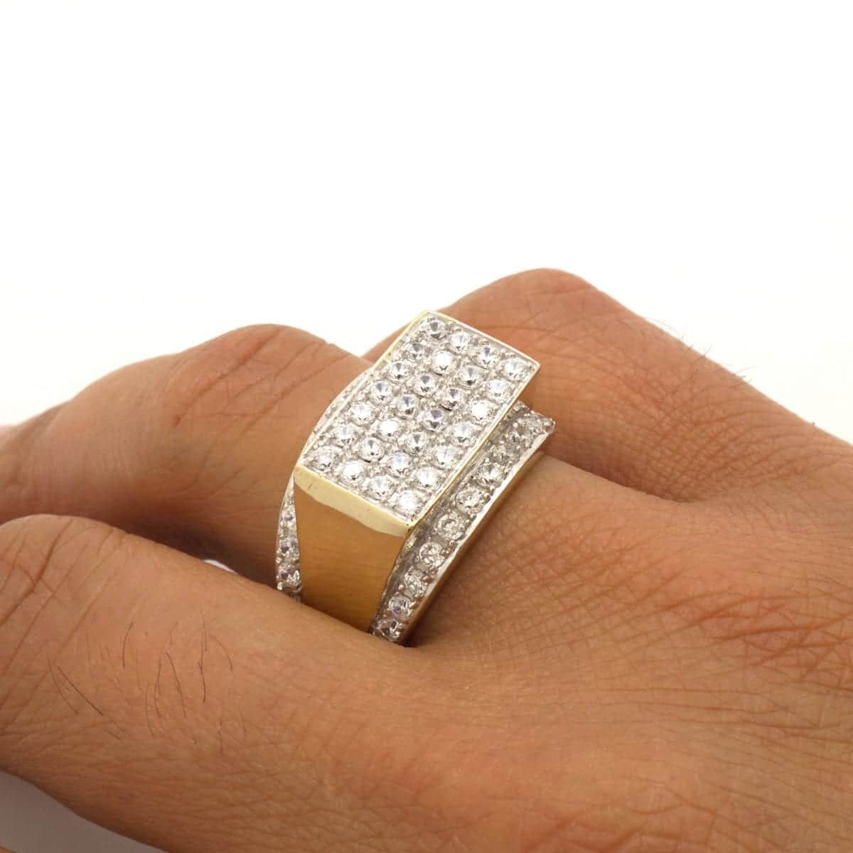 10k Gold Yellow & White Created Diamond Pave Set Men's Signet Ring Sizable