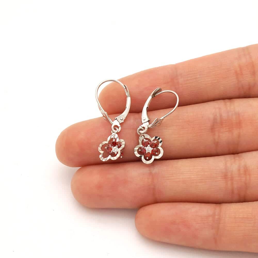 14K Real Gold Yellow White Birthstone Flower Shaped Drop Leverback Earrings