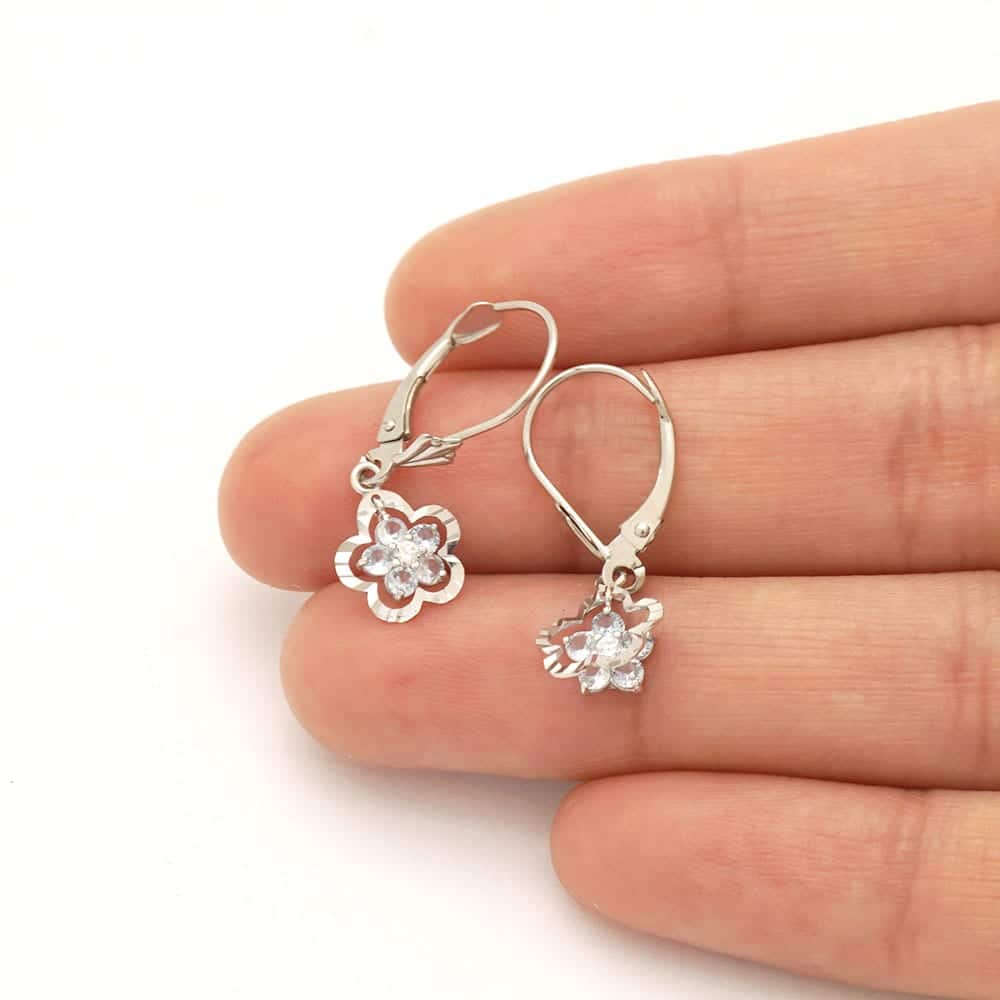 14K Real Gold Yellow White Birthstone Flower Shaped Drop Leverback Earrings