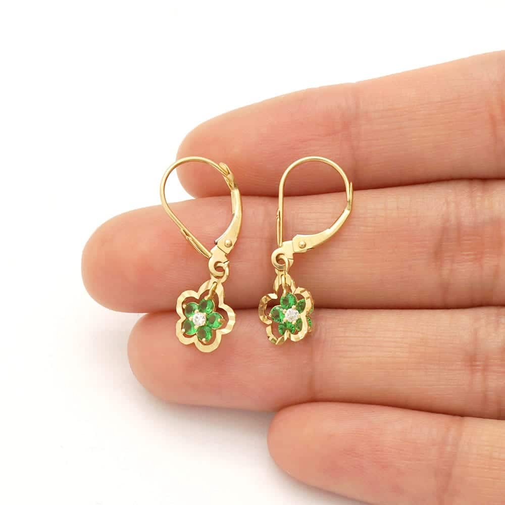 14K Real Gold Yellow White Birthstone Flower Shaped Drop Leverback Earrings