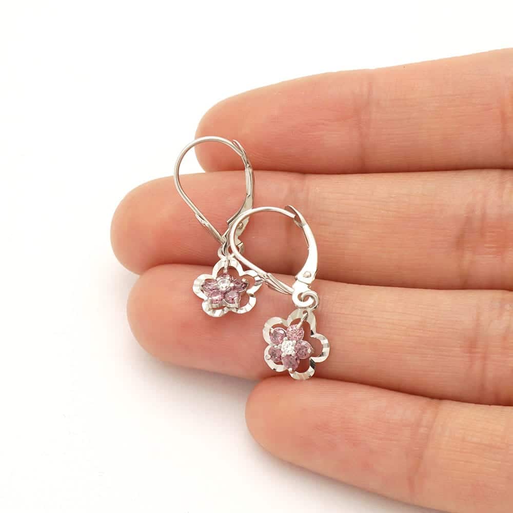 14K Real Gold Yellow White Birthstone Flower Shaped Drop Leverback Earrings