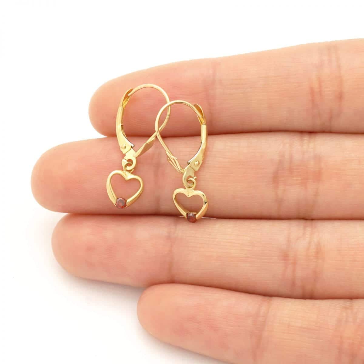 14K Real Gold Birthstone Open Heart Drop Leverback Earrings