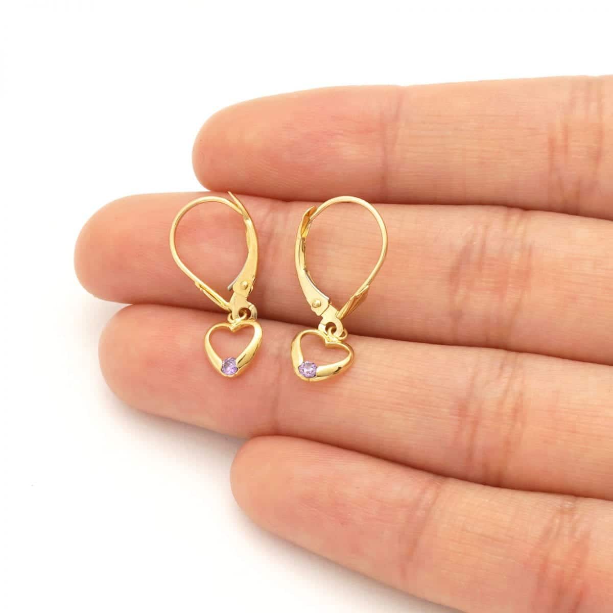 14K Real Gold Birthstone Open Heart Drop Leverback Earrings