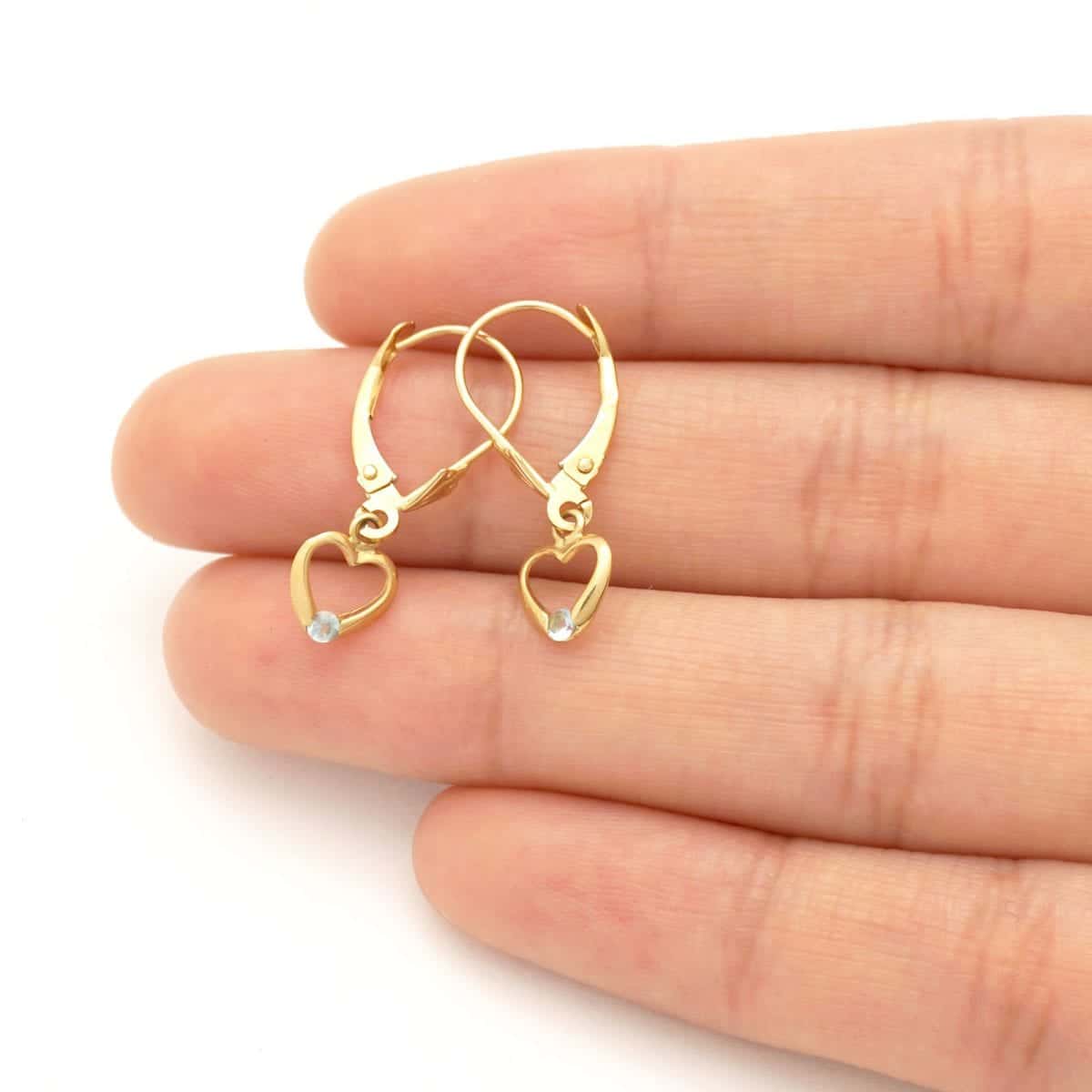 14K Real Gold Birthstone Open Heart Drop Leverback Earrings