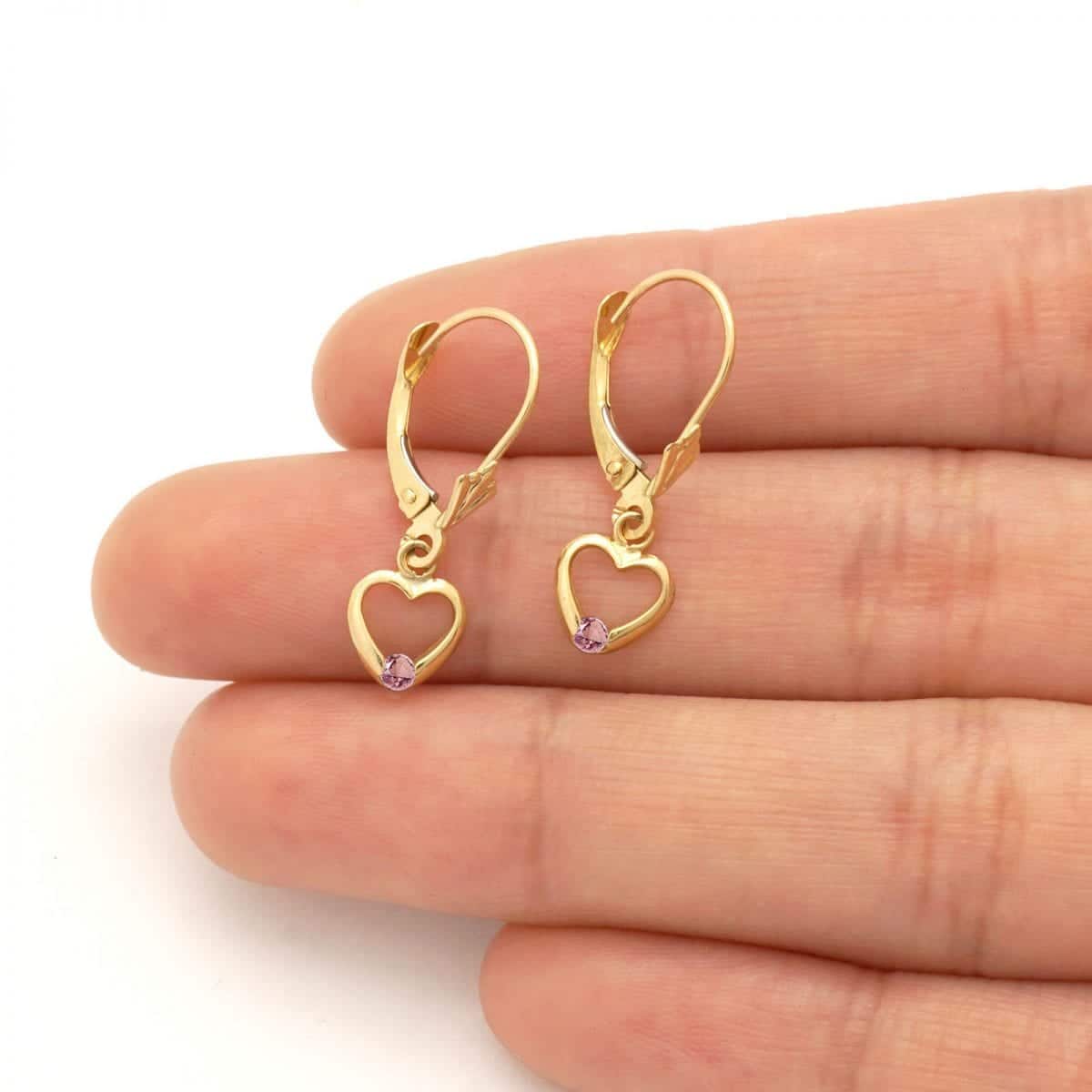 14K Real Gold Birthstone Open Heart Drop Leverback Earrings